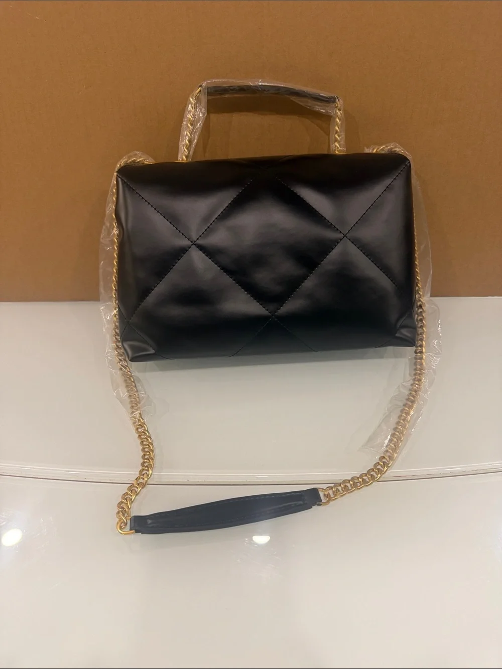 Tory Burch Black Quilted Leather Shoulder Bag with Gold Logo Chain